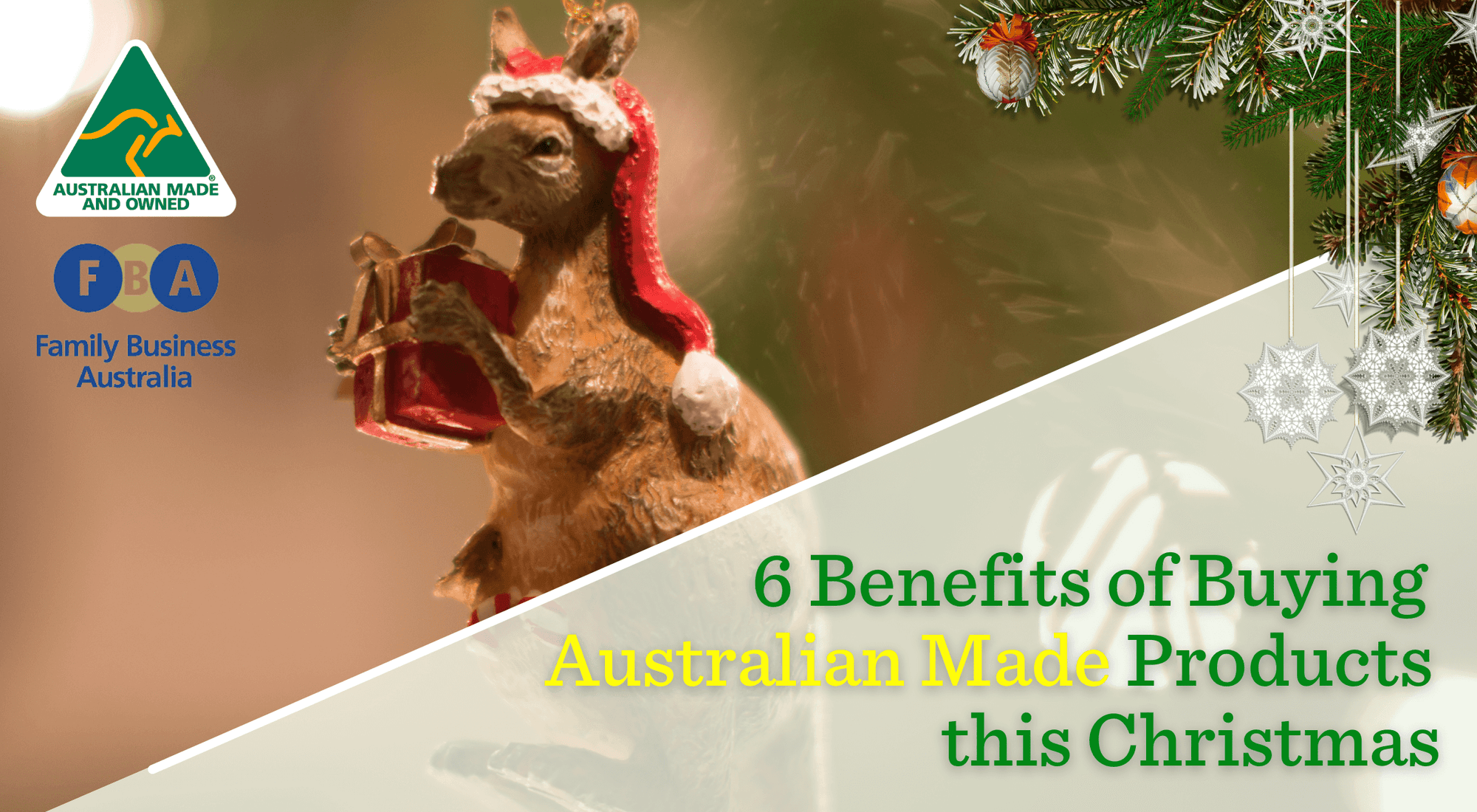 Christmas Kangaroo Holding Gift of an Australian Made Product. Benefits of Buying.