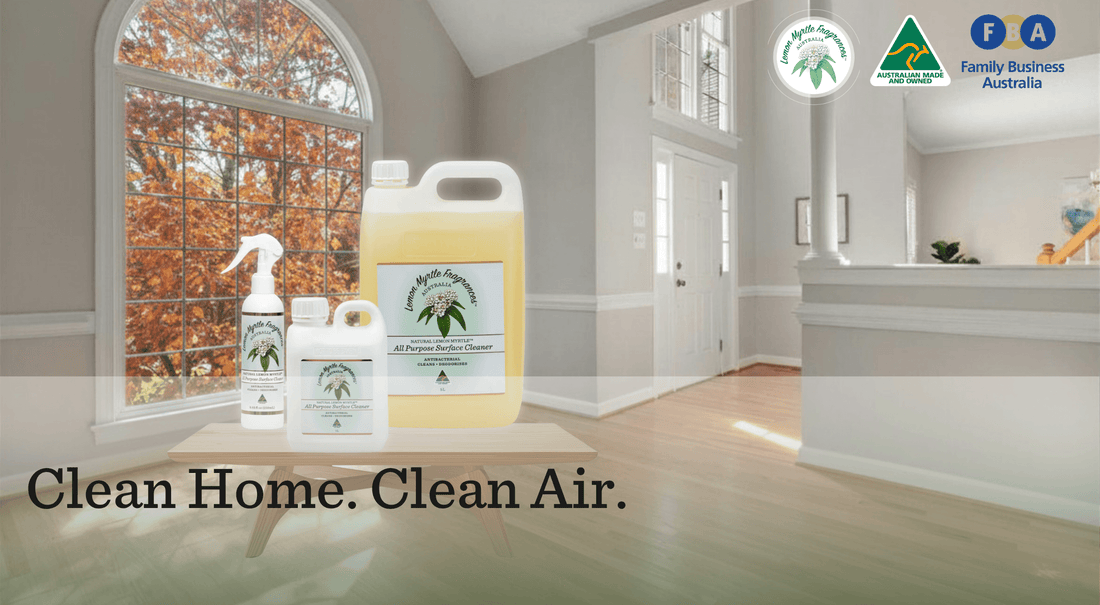 Lemon Myrtle Fragrances All-Purpose Surface Cleaner displayed in a bright home interior with the text “Clean Home. Clean Air.”