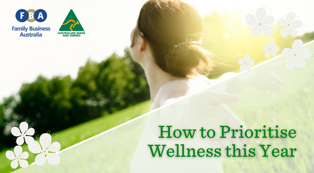 How to inspire wellness this year title with a relaxing lake image and lemon myrtle flowers