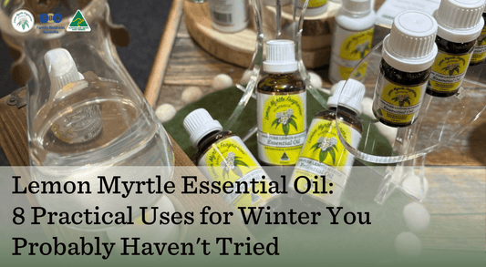 Bottles of Lemon Myrtle essential oil displayed beside a diffuser, with text reading “Lemon Myrtle Essential Oil: 8 Practical Uses for Winter You Probably Haven’t Tried.