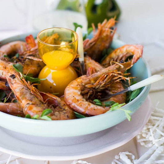 grilled prawns with lemon myrtle and vanilla hollandaise summer australia