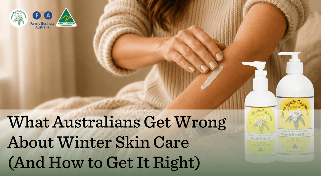 Person applying lotion to their arm beside Lemon Myrtle Fragrances Body Lotion and Body & Hand Wash, promoting winter skin care tips.