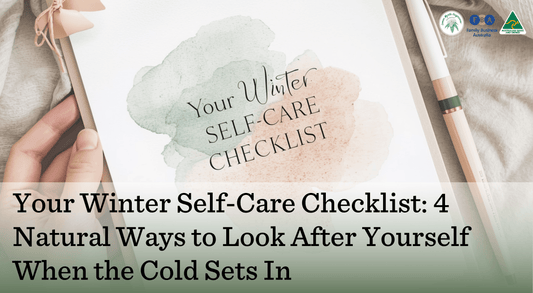 Winter self-care checklist graphic with cosy styling and pastel watercolour accents.