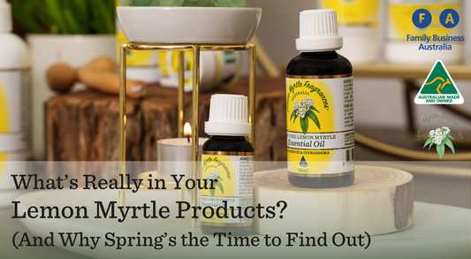 What's really in your lemon myrtle products? And why spring's the perfect time to find out. Image with lemon myrtle fragrances essential oil in two sizes. 