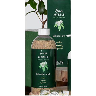 Lemon Myrtle Luxe Essentials bath salts + scrub 500gm